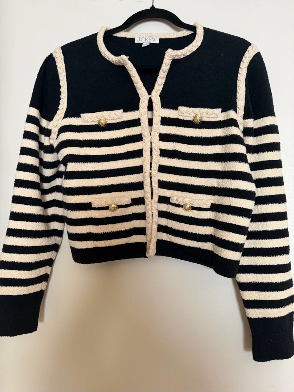 J. Crew Black and Cream Striped Knit Cardigan with Gold Buttons